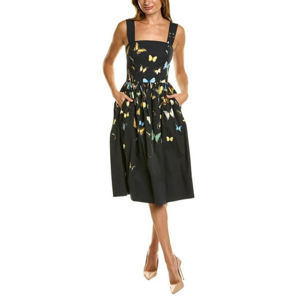 $2,290 NEW OSCAR DE LA RENTA NAVY BLUE BUTTERFLY MIDI DRESS US 2